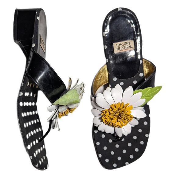 Vtg 1990s Timothy Hitsman Black White Leather Flower Toe Post Thong Sandals 7 - Picture 1 of 6
